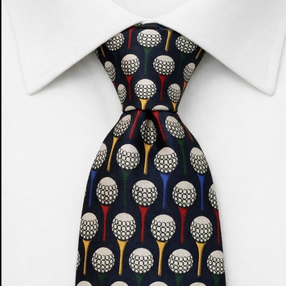 LEONARDO Mens Golf Theme Necktie Black Ground Imported Silk USA Made 4" x 56"